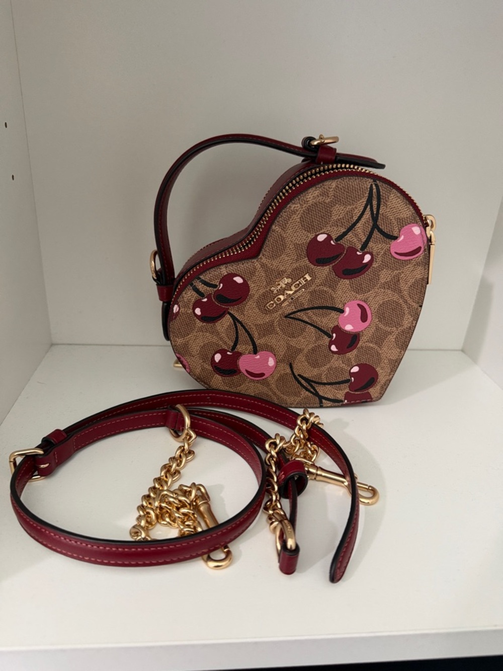 Coach Heart-Shaped Cherry Print Mini Bag in Brown, Pink & Burgundy - Picture 5 of 5